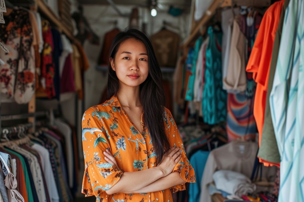 Multi ethnic fashion designer at minimal clothe shop adult entrepreneur consumerism.