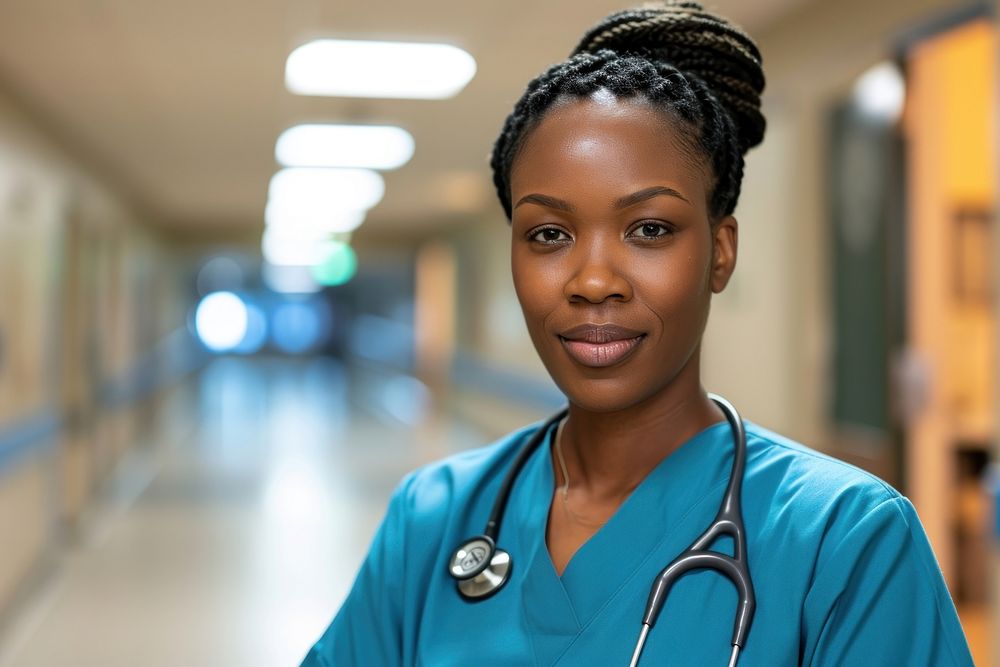 Multi ethnic nurse at hospital architecture stethoscope protection.