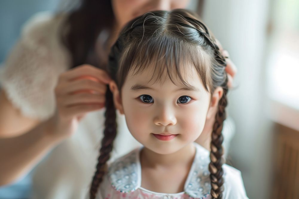 Asian baby girl braid child hair.