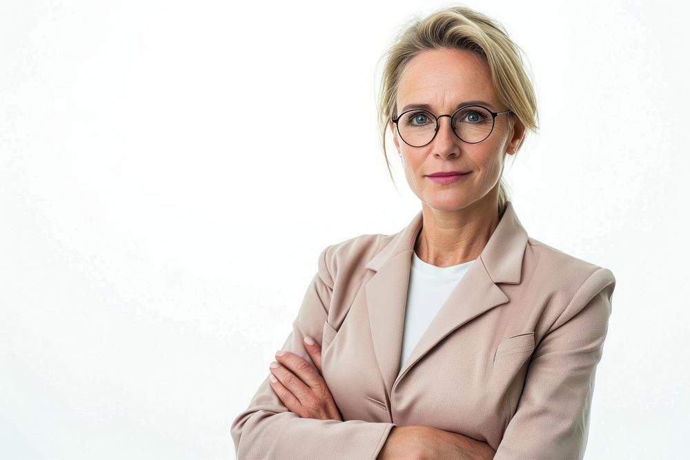 Good-looking middle-aged businesswoman with arms crossed portrait glasses adult.