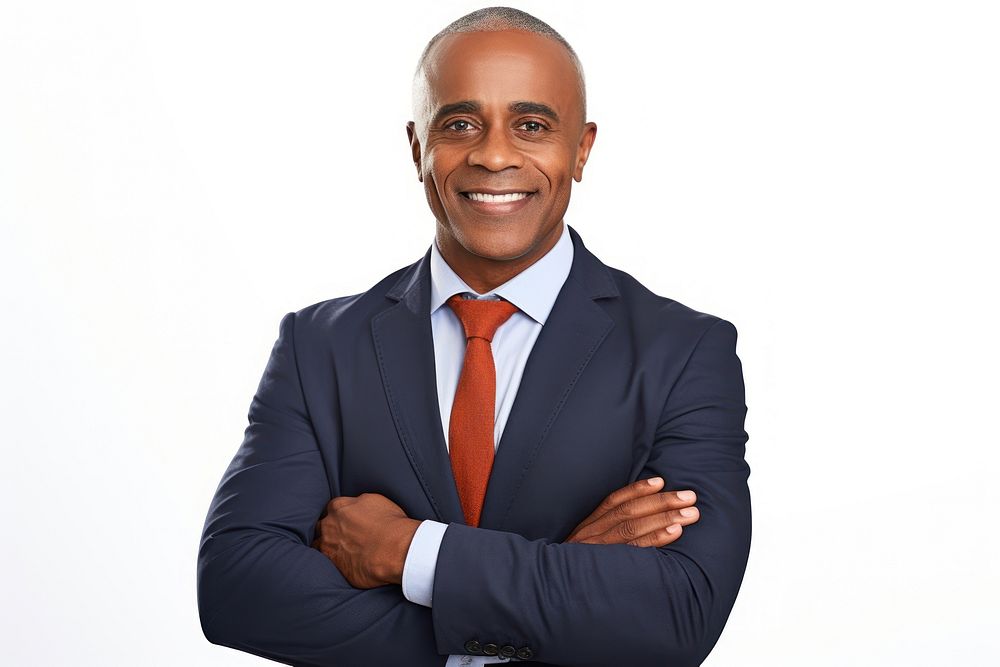 Good-looking middle-aged black businessman with arms crossed portrait adult smile.