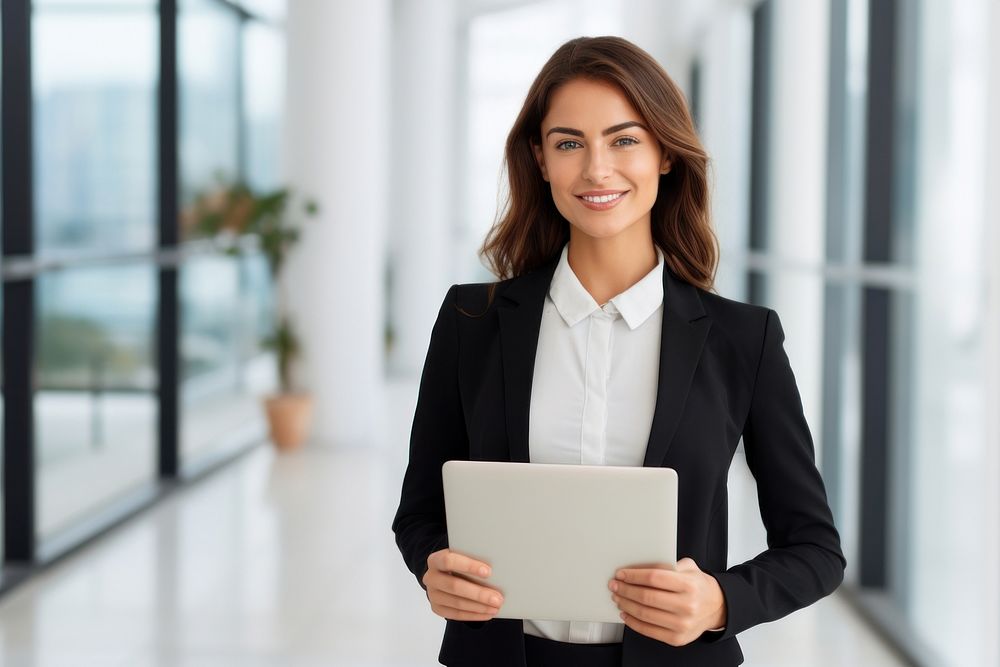 Full length portrait of a smiling businesswoman carrying laptop computer and cup of coffee businesswear entrepreneur…