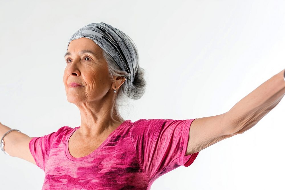 Mature woman doing aerobics adult white background exercising.