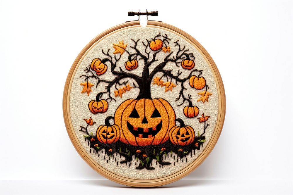 Halloween in embroidery style anthropomorphic jack-o'-lantern representation.