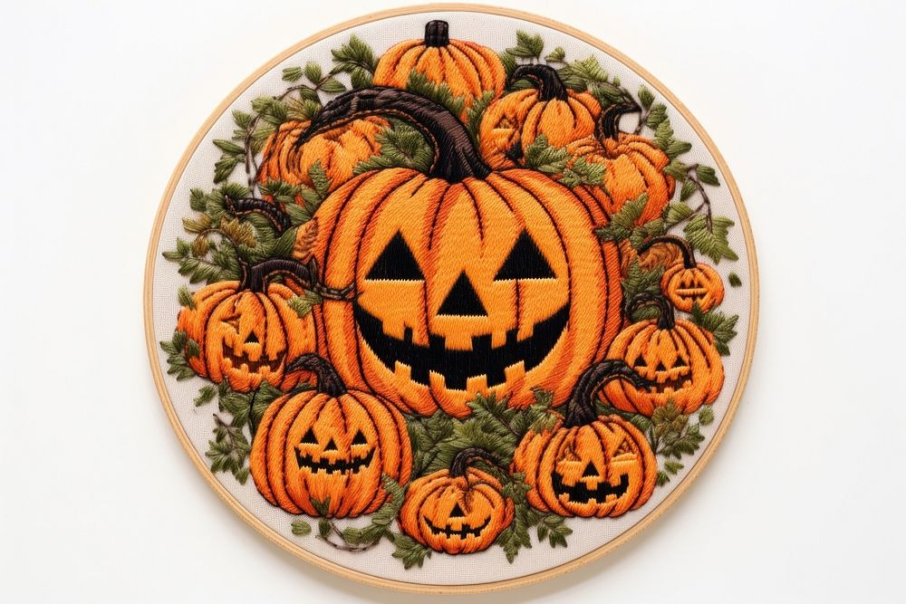 Halloween in embroidery style pattern anthropomorphic jack-o'-lantern.
