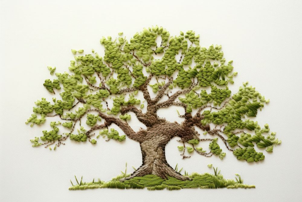 Oak tree in embroidery style bonsai plant green.