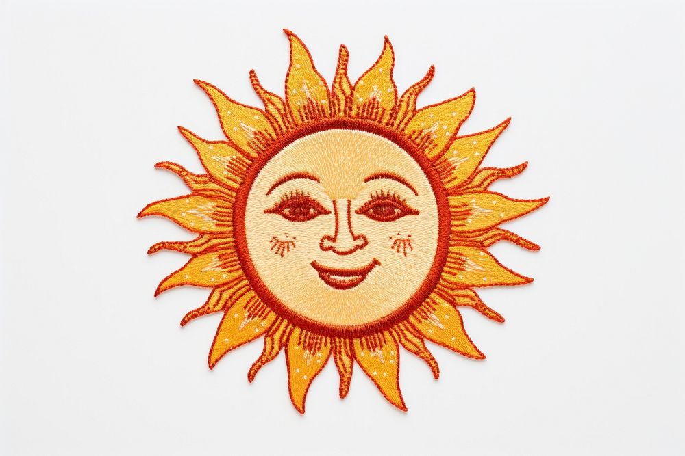 Sun in embroidery style drawing sketch face.