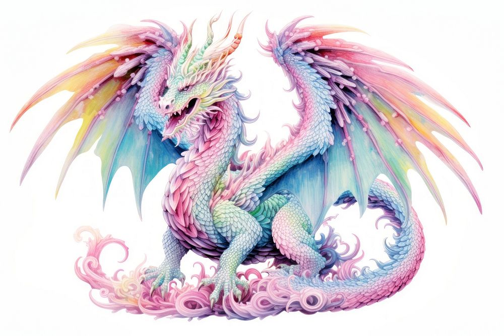 Pastel dragon in embroidery style animal creativity cartoon.