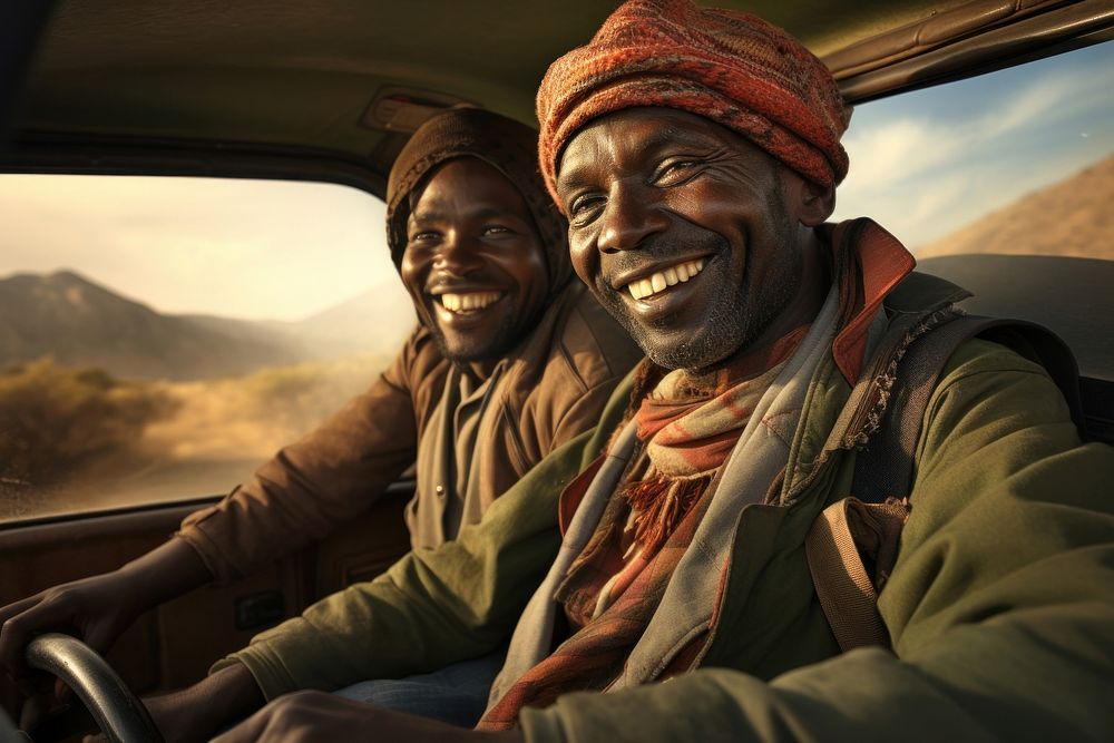 Happy African men portrait vehicle travel.