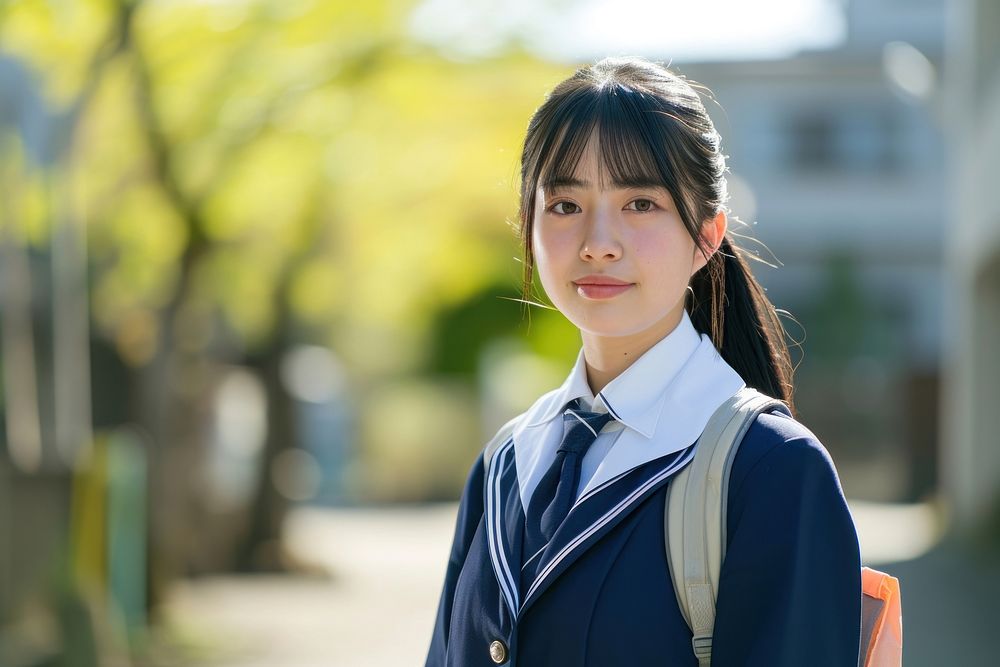 Japanese high school student standing architecture hairstyle.
