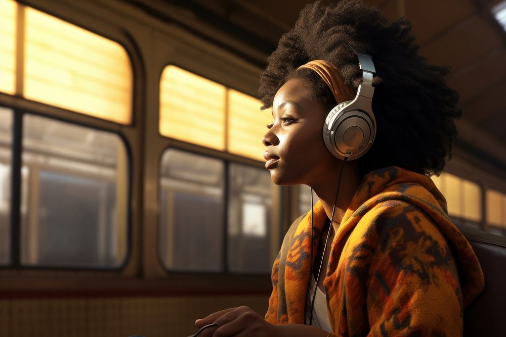 Woman listening to music headphones headset sitting.