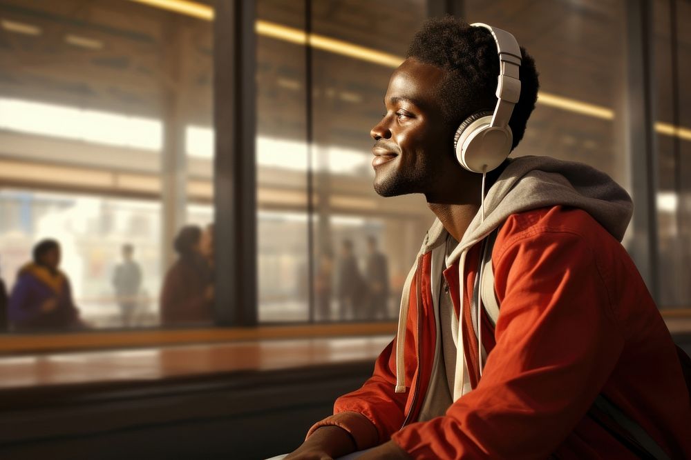 Man listening to music sitting headphones headset.