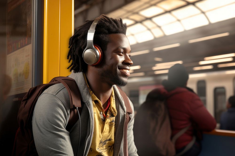 Man listening to music train headphones portrait.