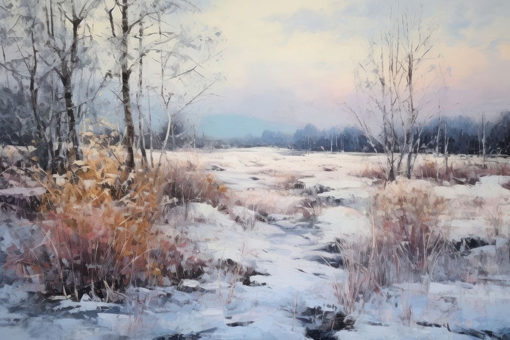Winter landscape painting outdoors nature.