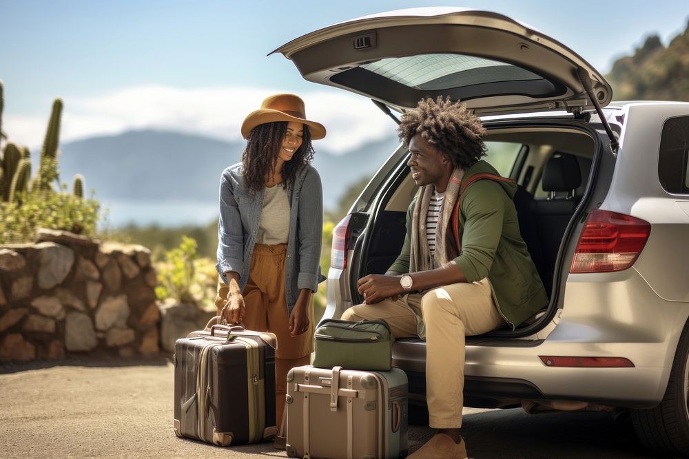 Middle age African american couple vehicle luggage vacation.