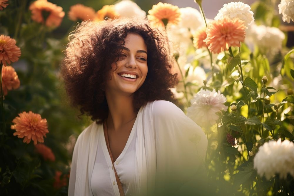 Middle eastern woman flower laughing summer.