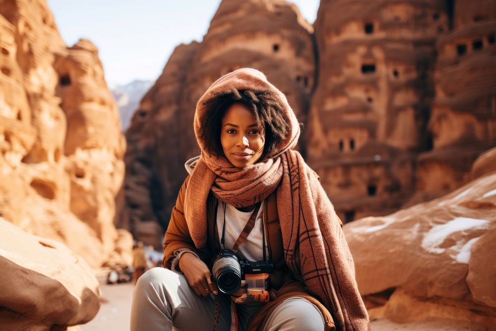 Man African American female traveler photography portrait outdoors.