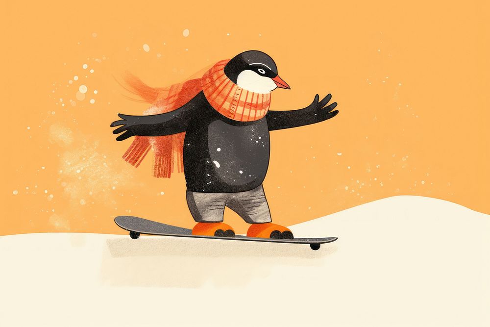 Penguin playing snowboard snowboarding outdoors sports.