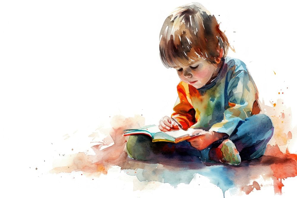 Kid painting portrait reading.