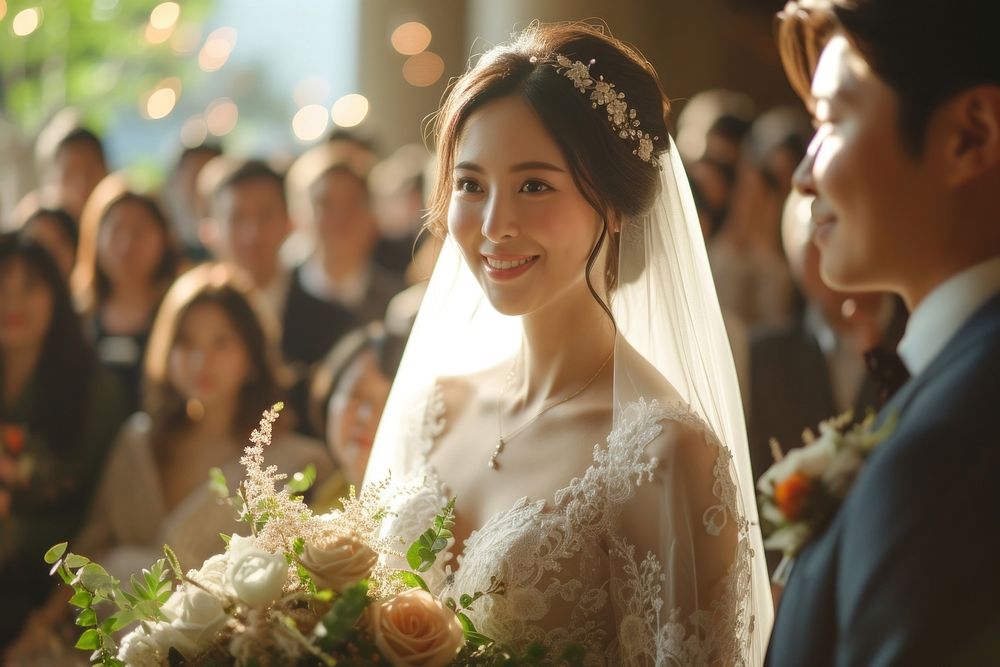 Youth East Asian wedding flower dress bride.