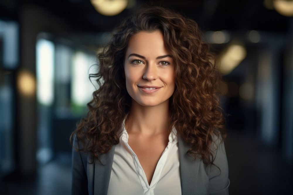Business office young woman portrait smiling.