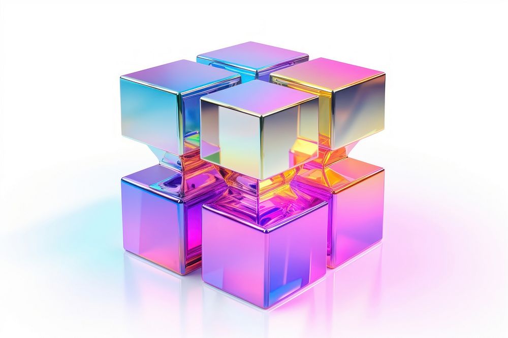 Cuboid iridescent purple toy white background.