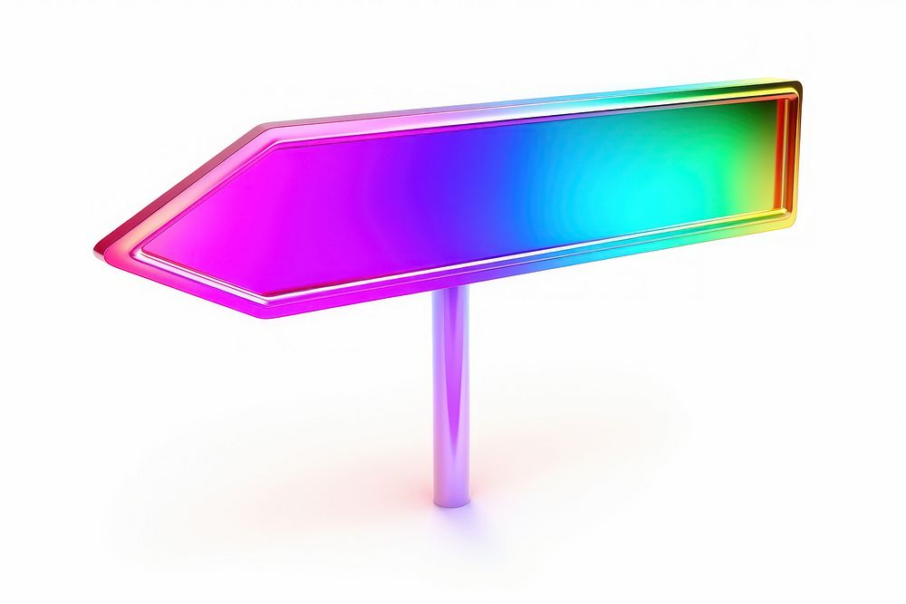 Direction sign iridescent light neon white background.