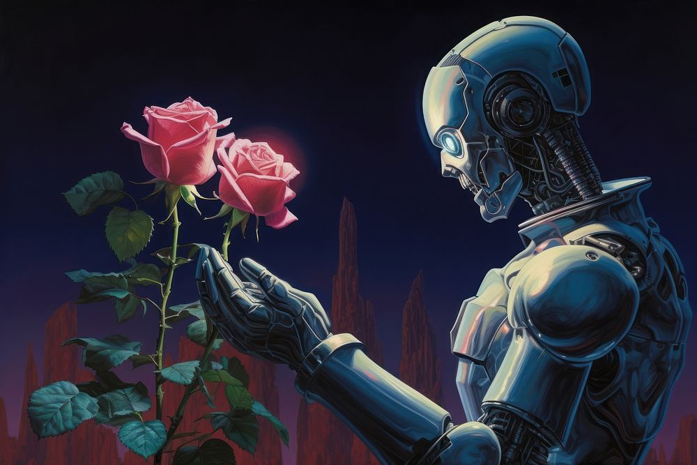 Robot touching a rose flower plant adult.
