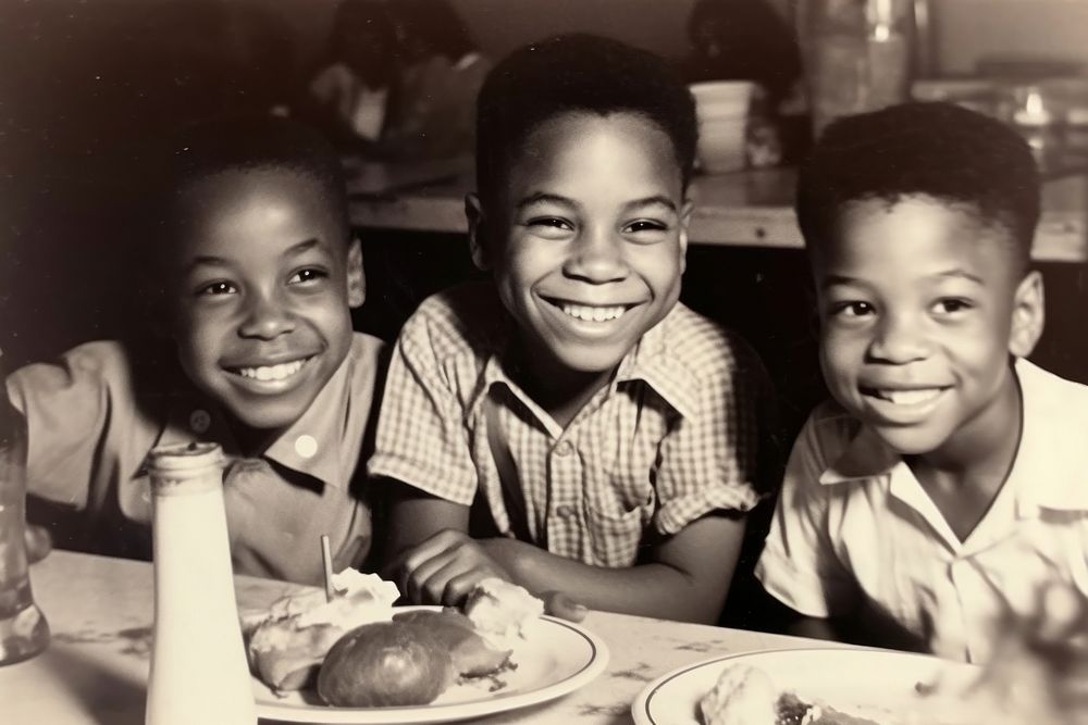 African American kids eating food restaurant cheerful.