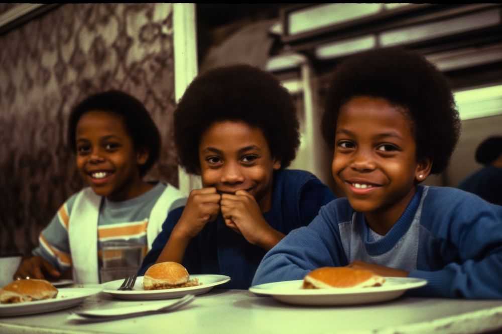 African American kids food restaurant cheerful.