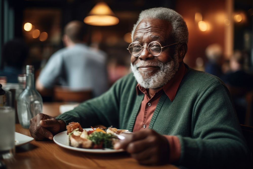 African American senior food restaurant portrait.