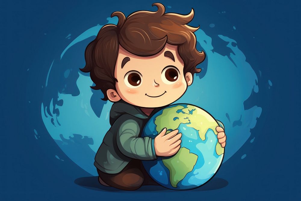 Kid hugging earth cartoon space cute. AI generated Image by rawpixel.