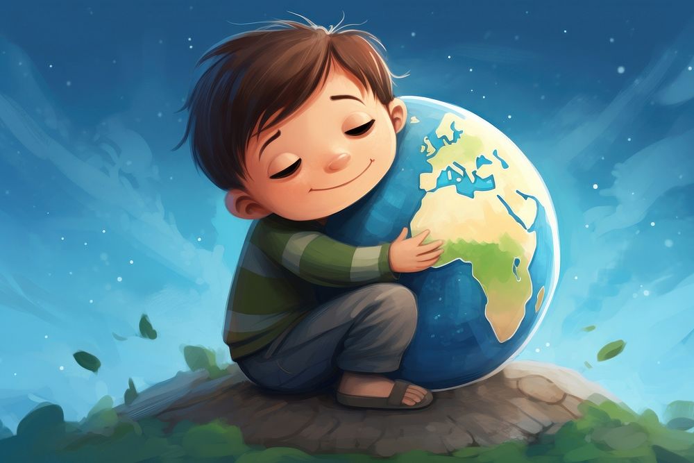 Kid hugging earth cartoon space cute. AI generated Image by rawpixel.
