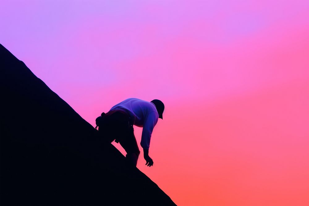 Person climbs up mountain outdoors sunset. AI generated Image by rawpixel.