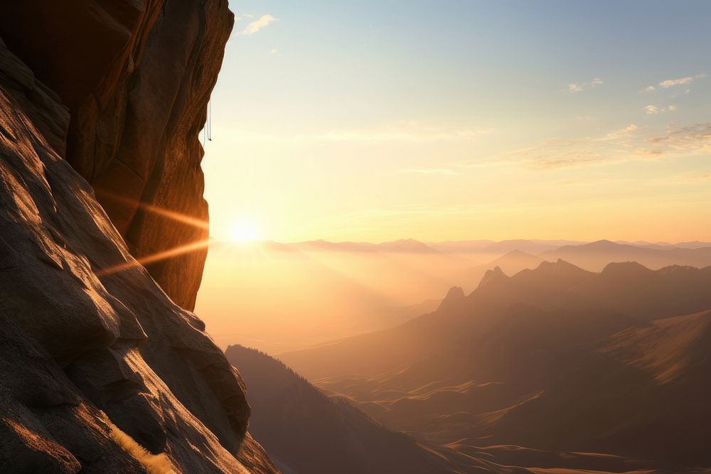 Person climbs up sun landscape mountain. AI generated Image by rawpixel.