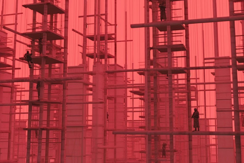 Person climbs up scaffolding architecture construction. AI generated Image by rawpixel.