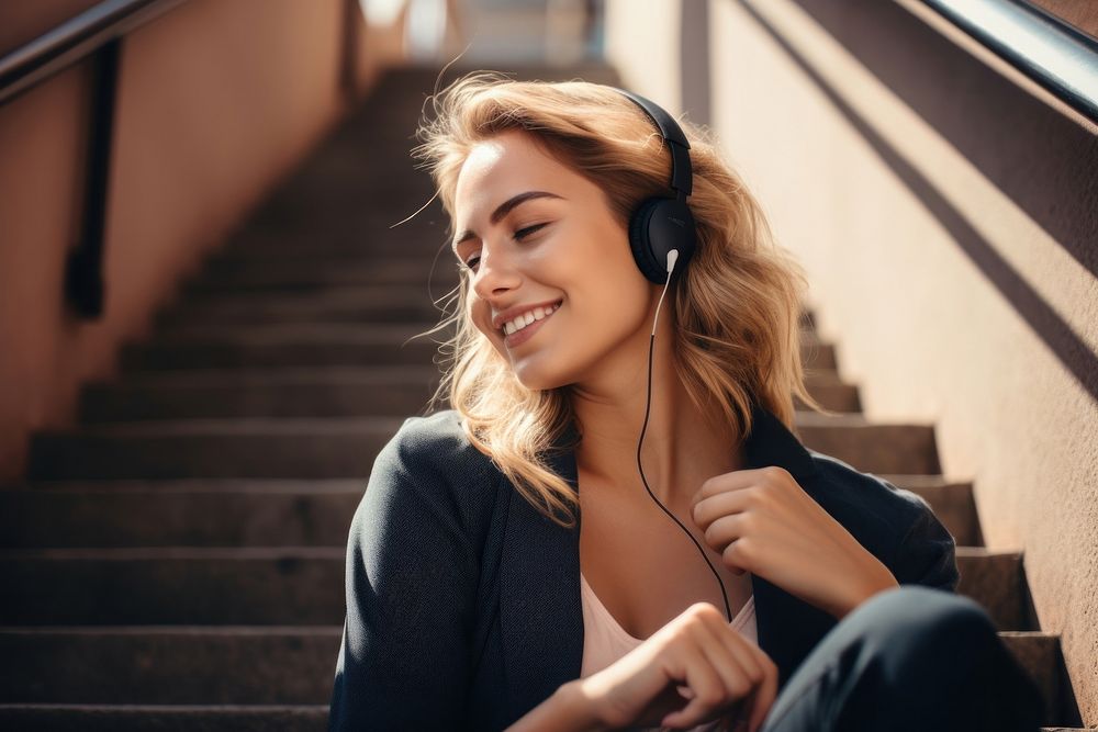 Wired earphones headphones headset smiling.