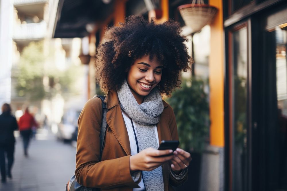 Smart phone smiling adult woman.