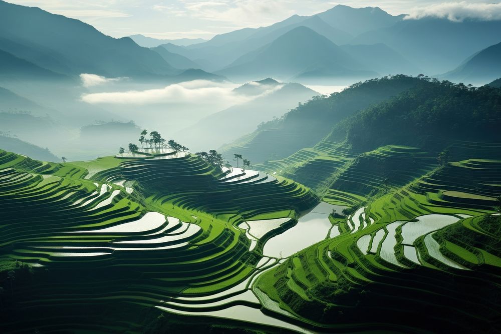Rice fields landscape mountain outdoors.