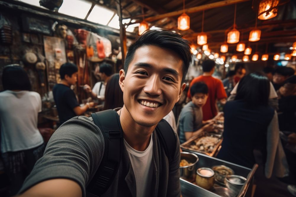 Influencer smiling travel selfie.
