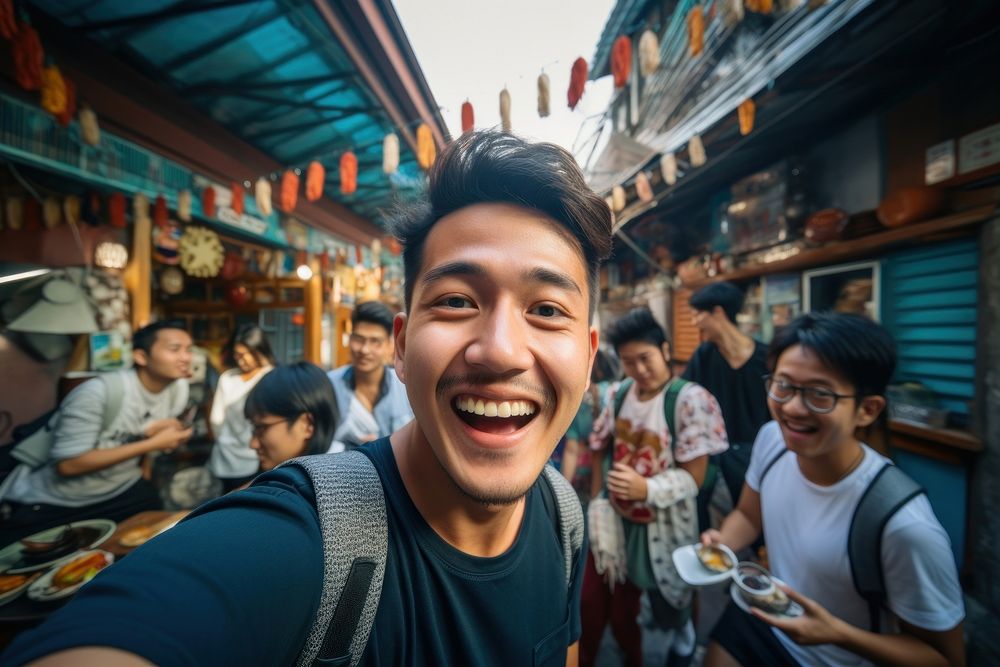 Influencer selfie smiling travel.