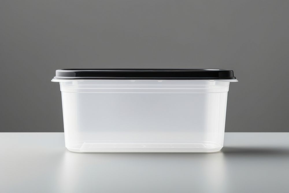 Food container packaging  gray studio shot lighting.
