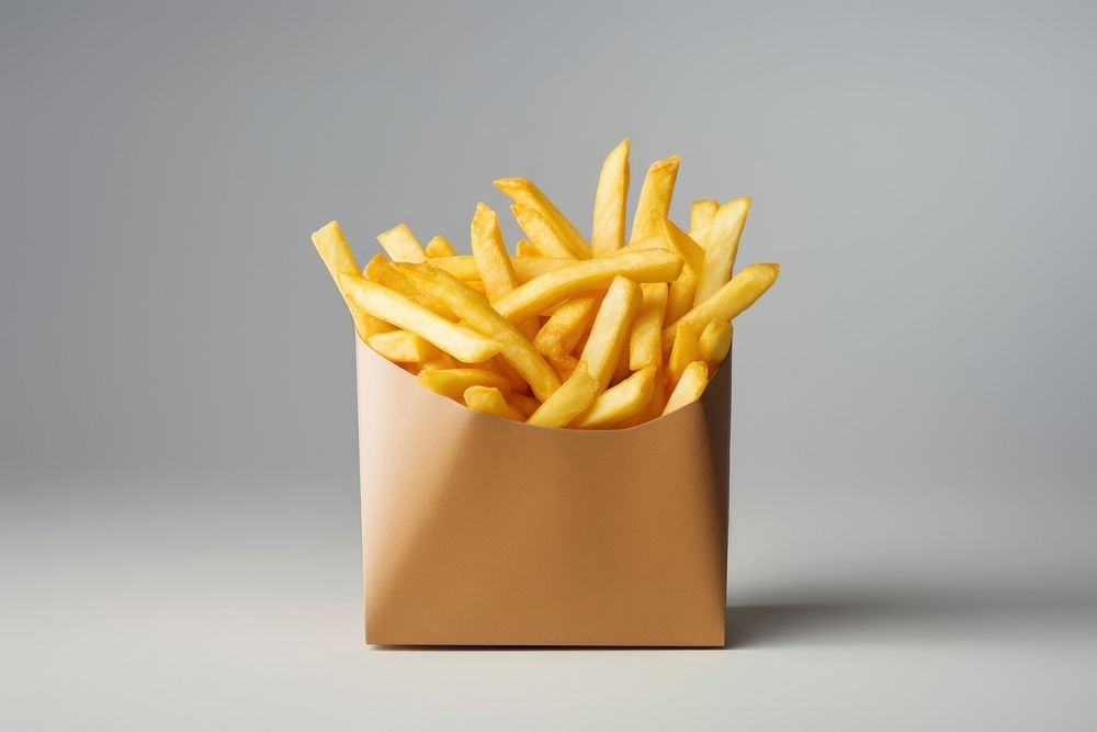 Fries box packaging  food gray background studio shot.