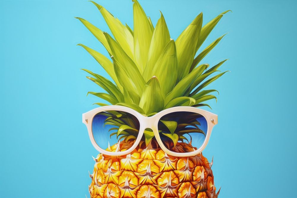 Pineapple surfing sunglasses plant fruit.
