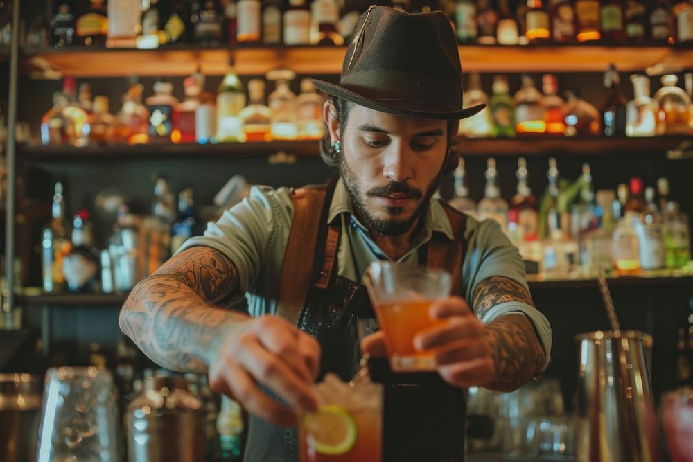 Bartender prepairing a cocktail at the bar bartender drink adult.