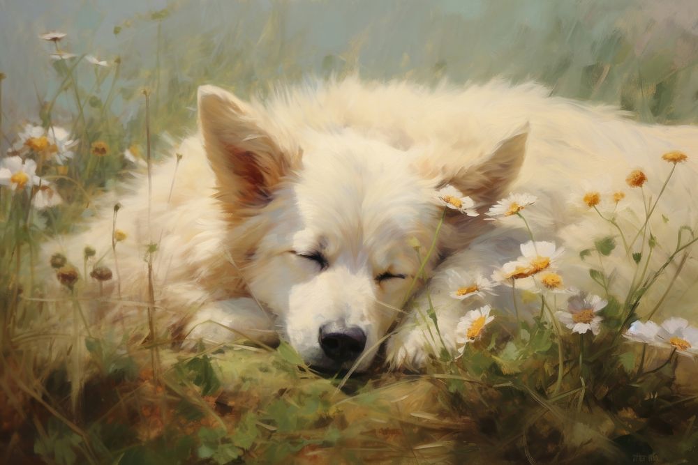 Dog painting sleeping animal.