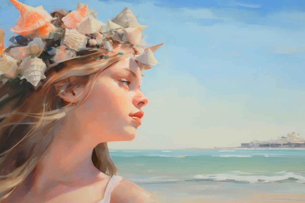 Tropical beach painting portrait art.