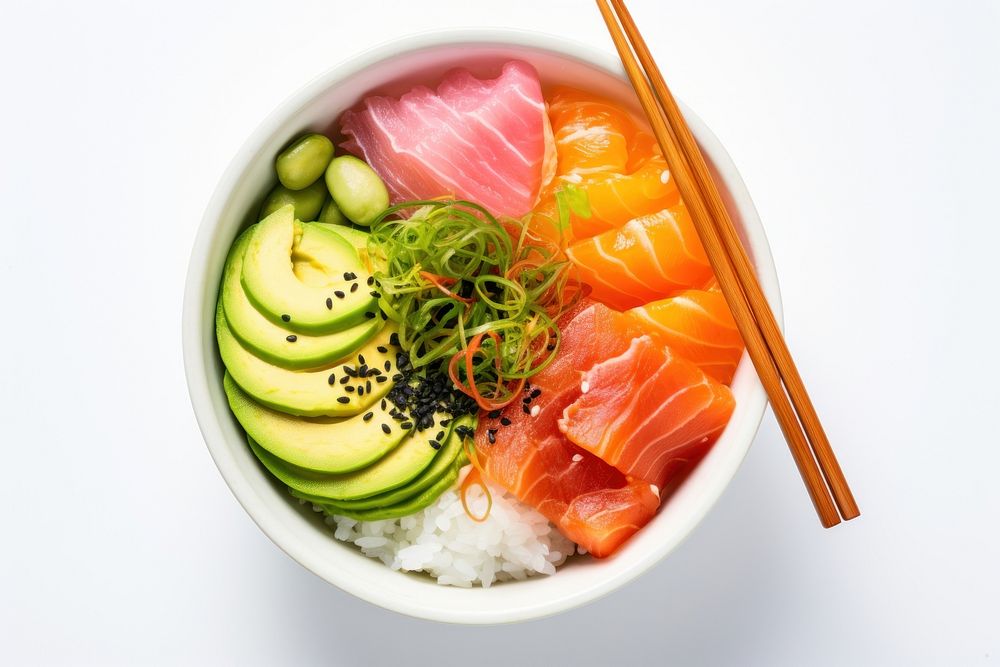Sashimi Rice Bowl chopsticks seafood meal.