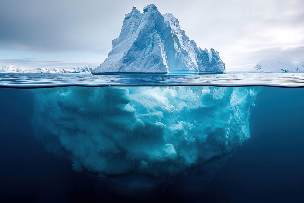 Iceberg With Above And Underwater iceberg underwater outdoors.
