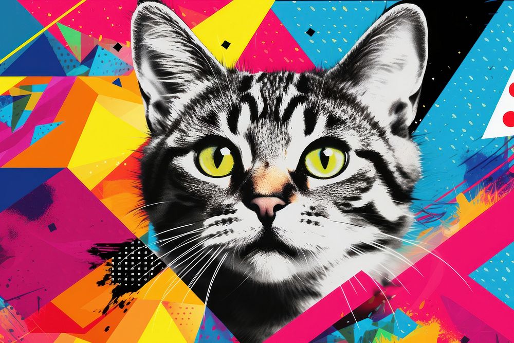 Memphis design of cat art advertisement graphics.